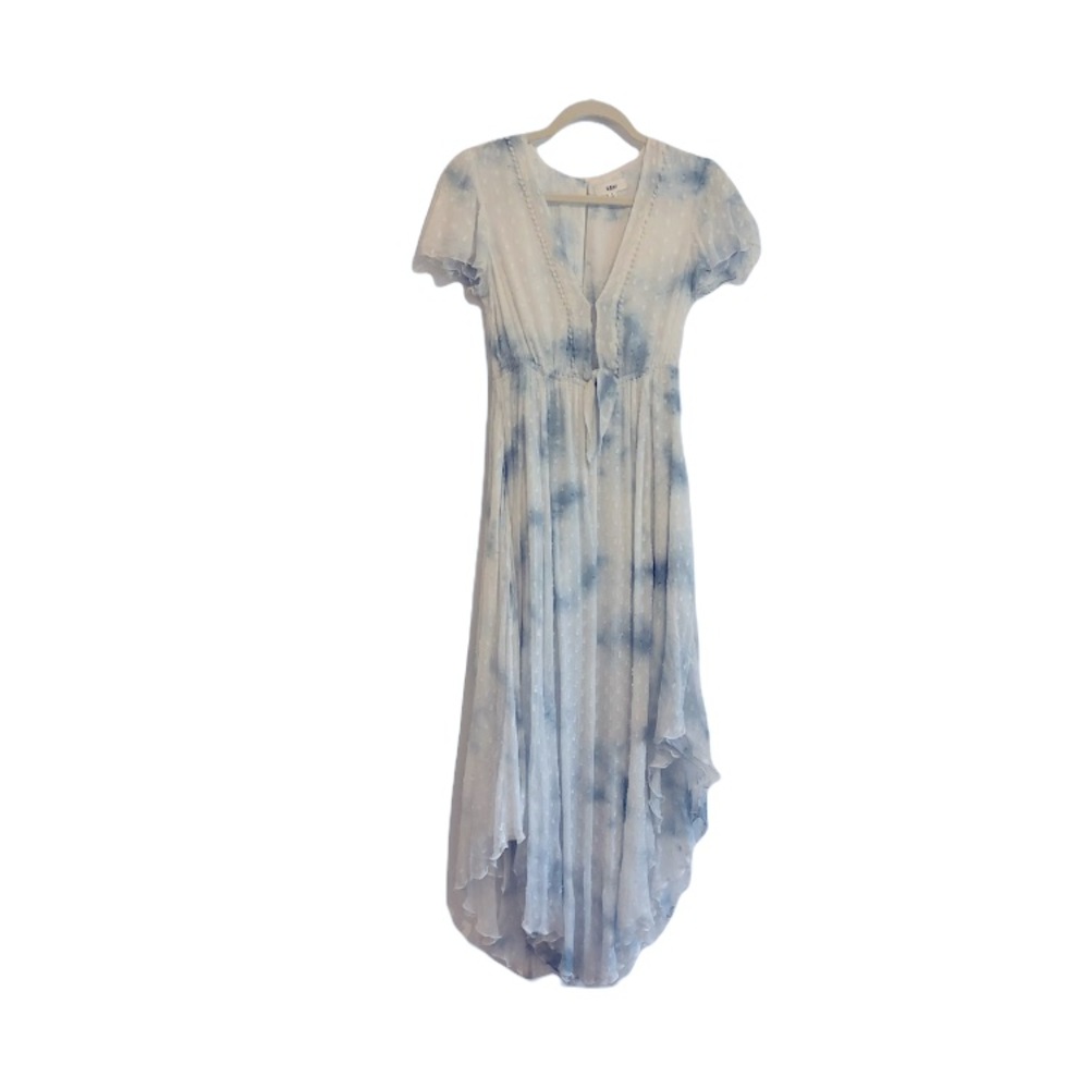 Rahi Womens Malibu Blue Tie-Dye Tie-Front Ruffled Hem Midi Dress
